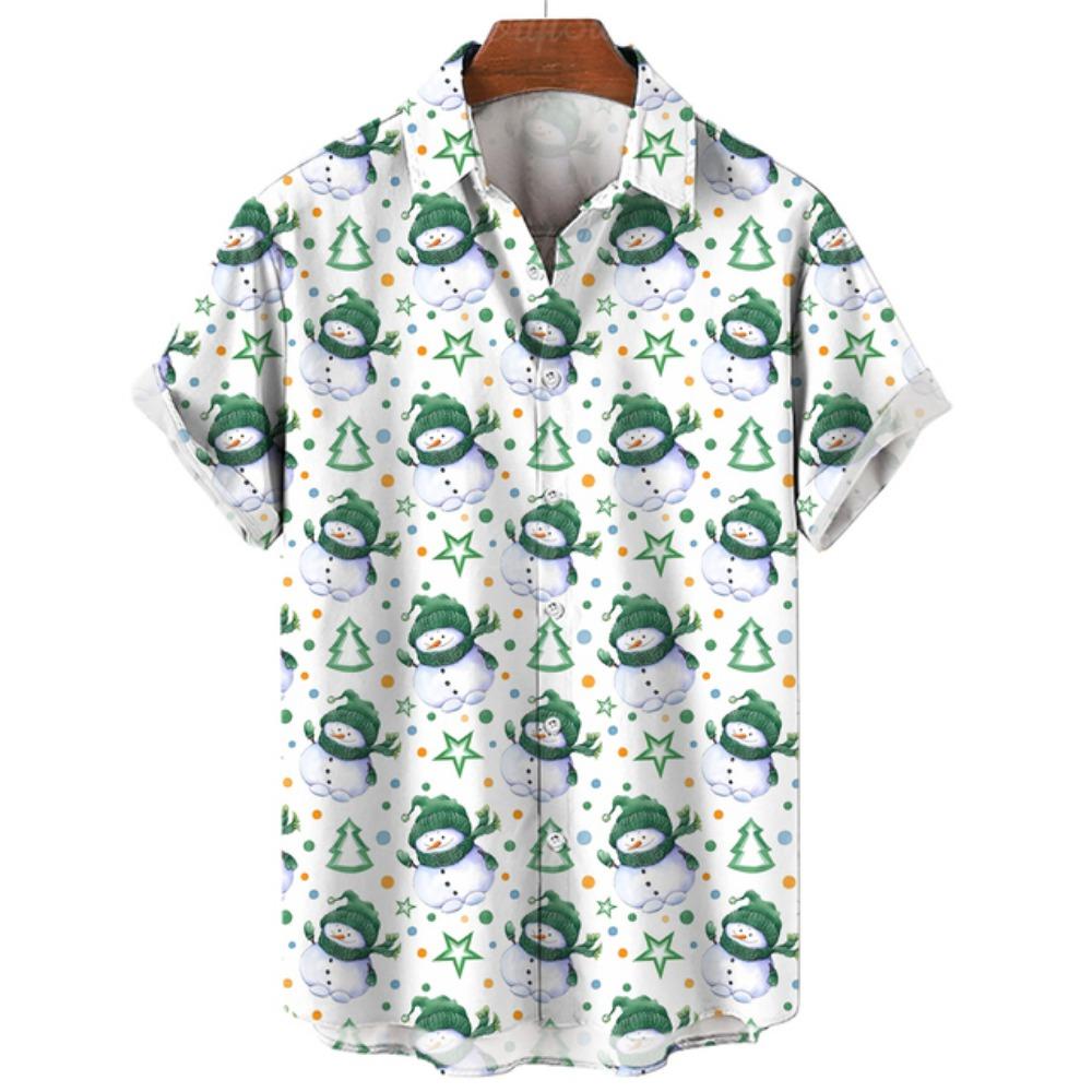 Retro Style Christmas Tree Reindeer Snowflake Printed Short Sleeved Shirt for Men and Women Christmas Holiday Loose Casual Shirt