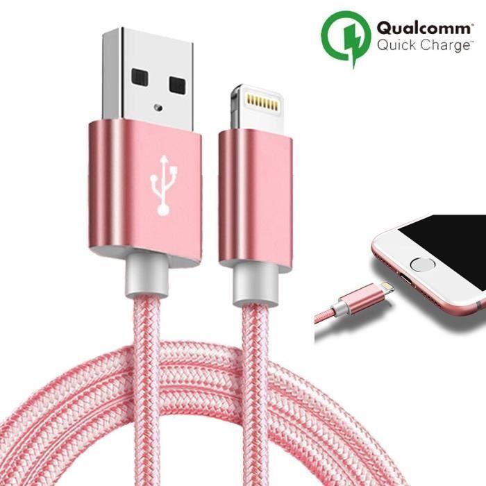 Câble pour téléphone mobile - Compatible avec iPhone - Nylon - 1m - Couleur Rose - USB