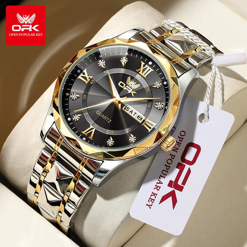 OPK Brand Original Men's Watches Waterproof Week Calendar Quartz Watch for Men Fashion Luminous Diamond Scale Watch