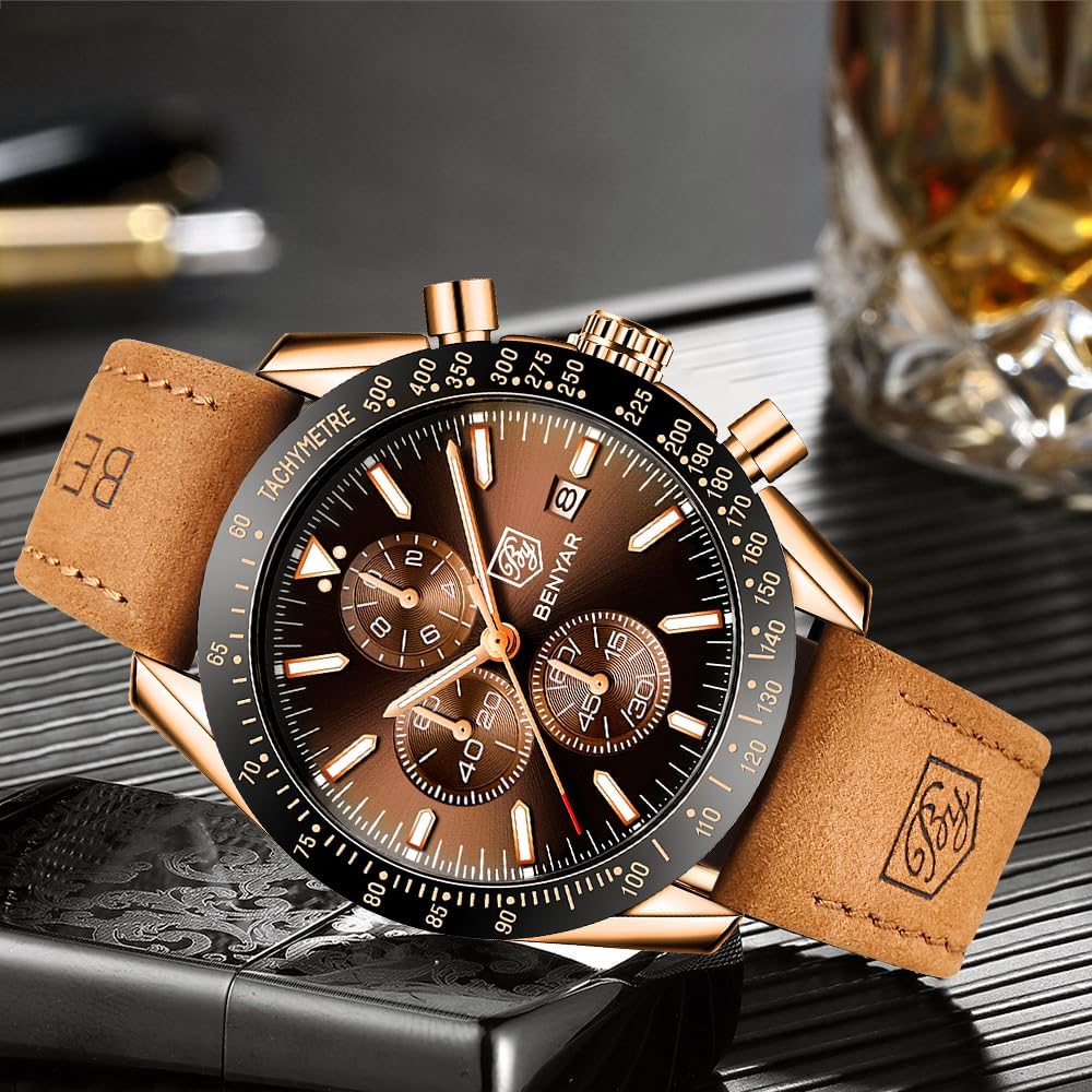 BY BENYAR Chronograph Analog 30M Water Leather Strap Quartz Brown Gift for Men Men's Watch, Resistant, Simple, Stylish, Popular, Formal, Movement,