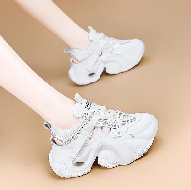 Fashion 7CM Air Mesh Synthetic Flats Women Slippers Chunky Sneakers Hollow Sandals Bling Platform Wedge Microfiber Leather Shoes
