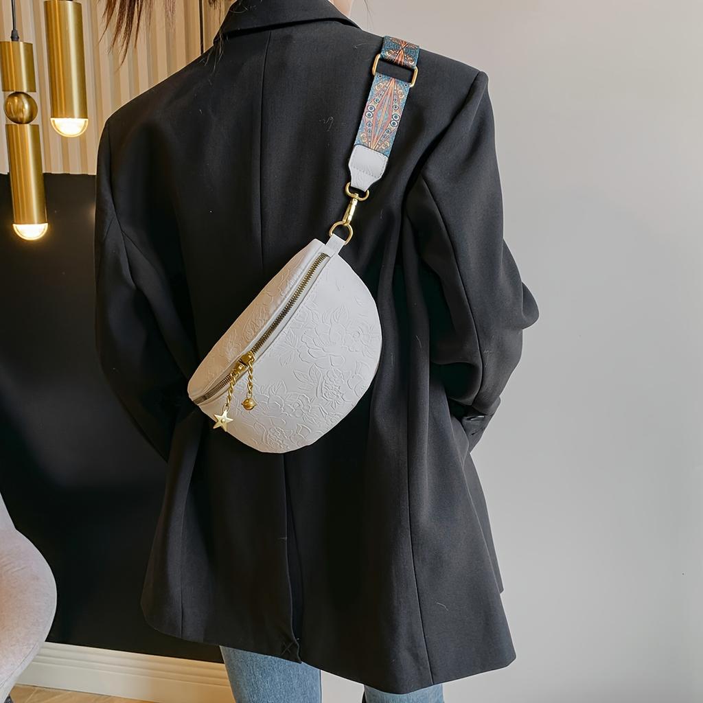 Wide Strap Classic Retro Elegant Flower Pattern Crossbody Bag, Textured Ethnic Fancy Pack