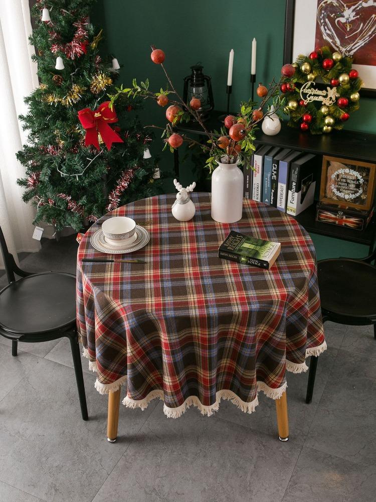 Tablecloth Plaid Christmas Day Table Cloth American Cloth, Round Tassel Suitable for Holiday Dining Rooms, Living Rooms, Family Gatherings