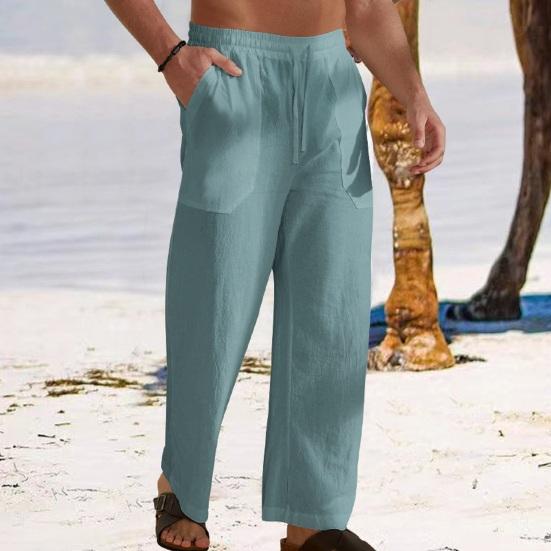 Men Pants Drawstring Elastic Waist Straight Leg Loose Solid Color Pockets Sweat Absorption Daily Wear Casual