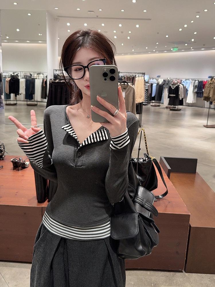 Women's Striped Patchwork Faux Two-Piece Long-Sleeve Shirt - 2025 Autumn Korean Style Slimming Base Layer