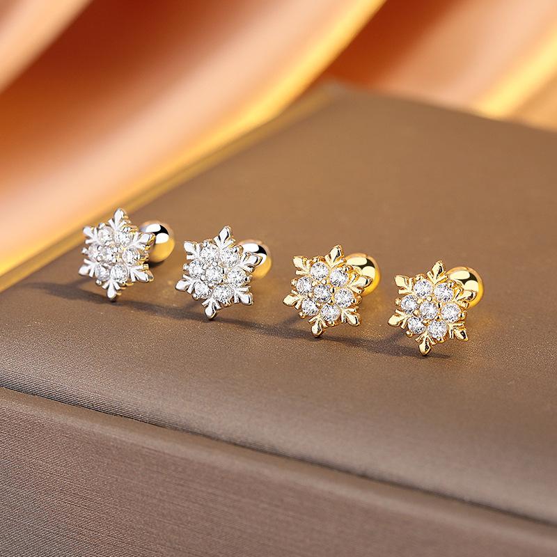 Sterling Silver Snowflake Stud Earrings Fashion Zircon Threaded Flower Earbone Studs Women'S Design Sense Light Luxury Temperament Ear Jewelry
