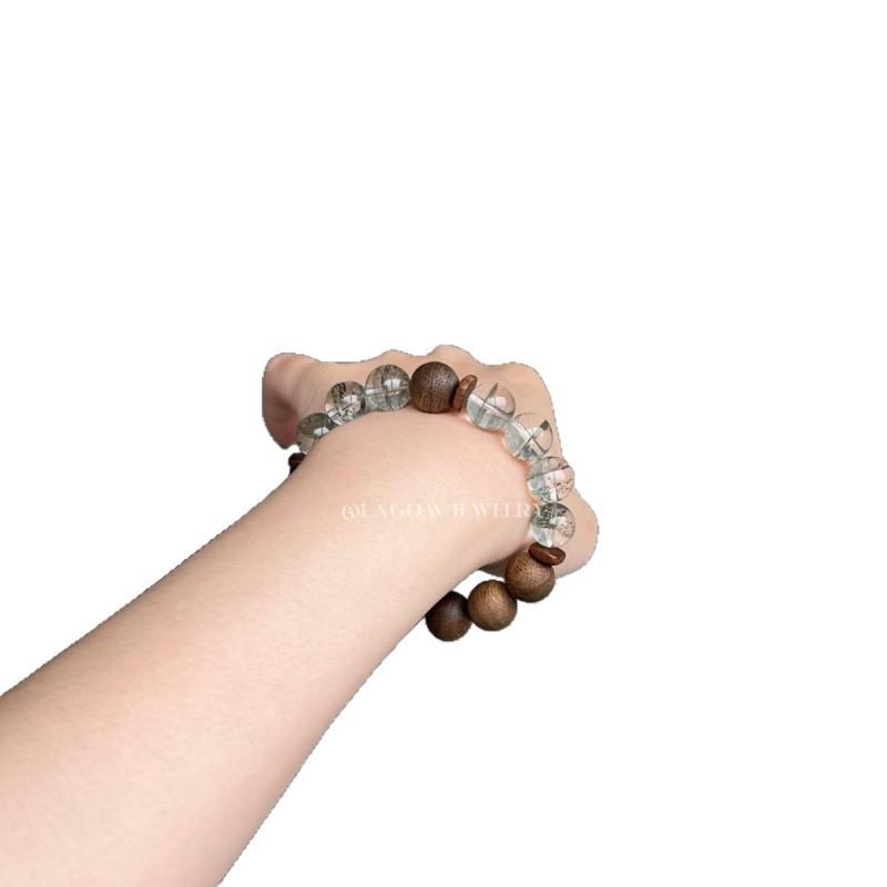 Natural Green Phantom Crystal Bracelet With Agarwood Spacers Vintage Style Jewelry Women