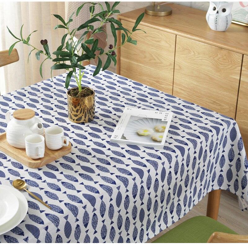 Blue Fish Pattern Dense Cotton Linen Fashion Banquet Table Cover Wedding Table | Tablecloths