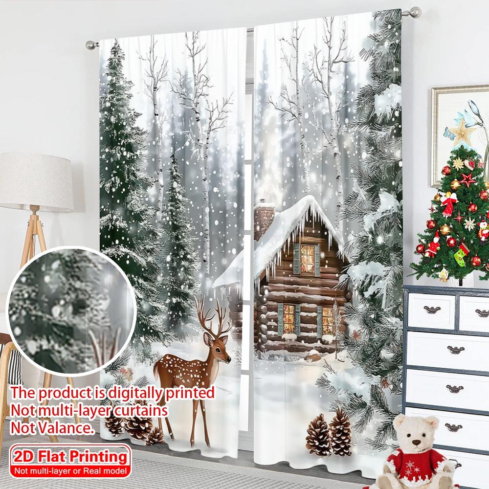 2D Flat Printing 2pcs Christmas Curtains Winter Forest and Deer Christmas Versatile Polyester Without Electricity Versatile Use