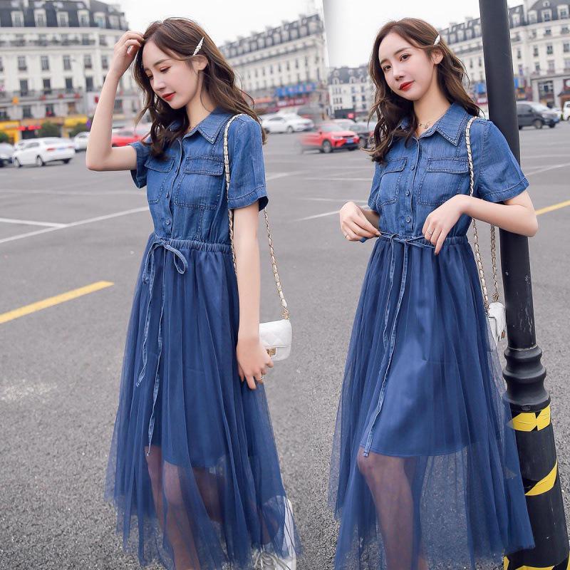 2022 Women's Summer Denim Dress: Waist-Cinching, Slimming French Fairy Style with Mesh Skirt.