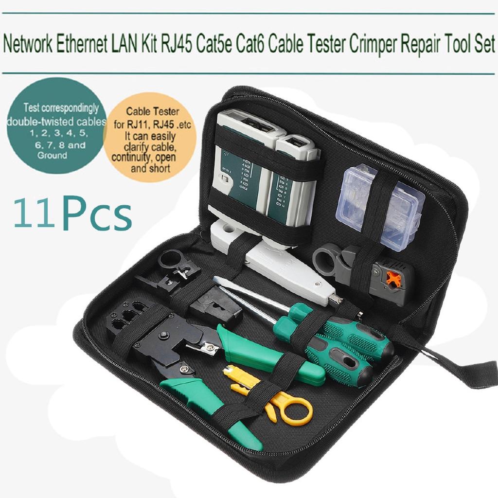 11PC LAN Network Crimper Plier Hand Tool Repair Cable Tester Cat5 Ethernet Connector Test RJ45 Stripping Cable Mak Kit