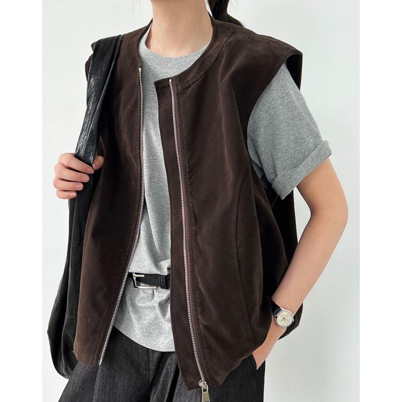 

Johnature Korean Vintage Crew Neck Sleeveless Zipper Vest Women Autumn Versatile Loose Layering Casual Vest One Size коричневый