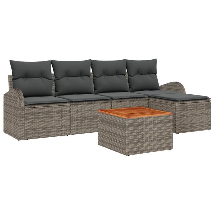 Ensemble de canapé de jardin 6 pièces avec coussins Gris Poly Rotin Acacia, Canapé de jardin 2 places avec rangement 3356235