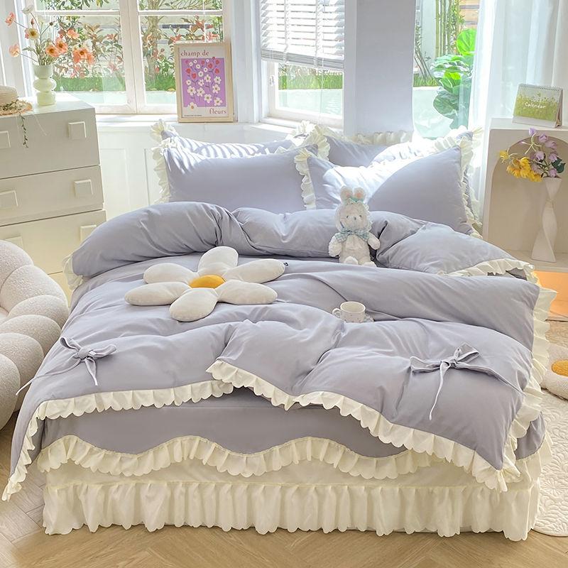 

Korean Princess Style Bedding Set Soft Thickened Duvet Cover Bed Sheet Skirt and Pillowcases Cute Bow Girls Pink Comfort Cover Flat Bed Sheet&For 1.8m bed 4pcs