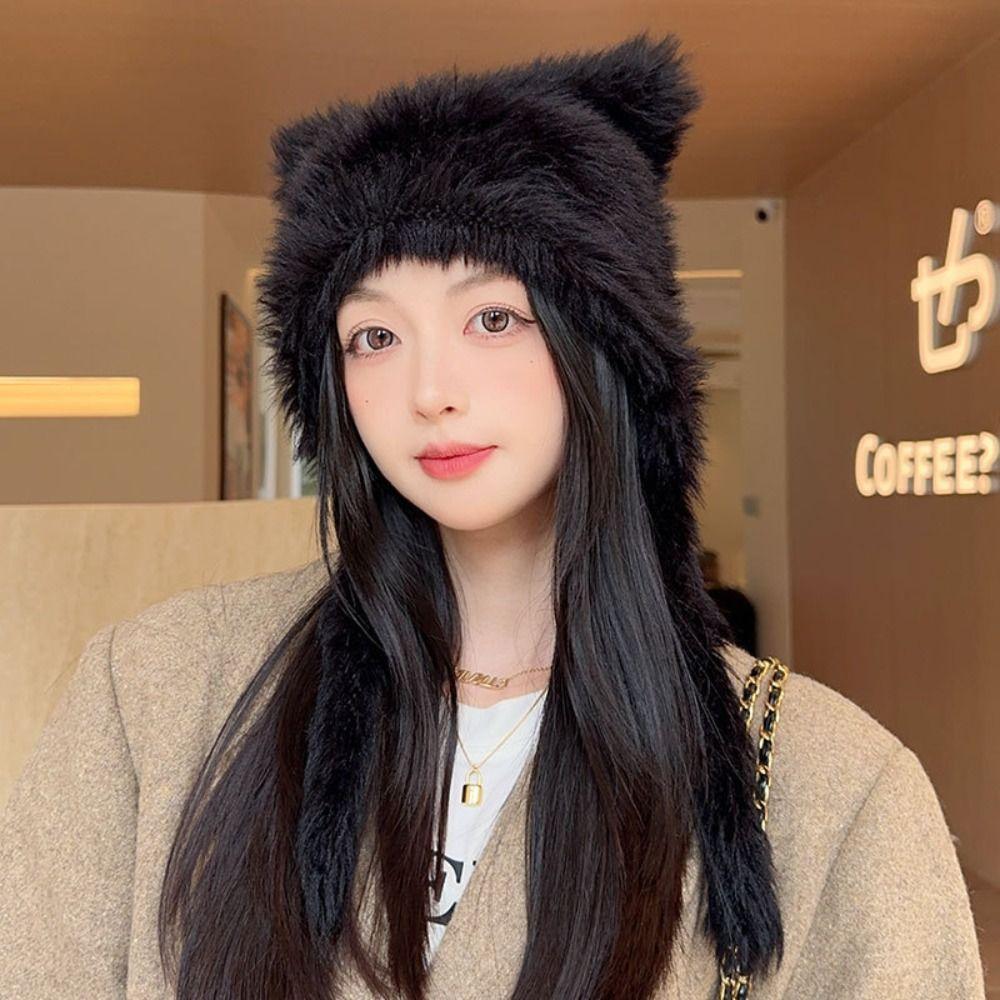 Solid Color Beanies Cap Windproof Women Earmuffs Cap Cute Winter Bear Ears Hat