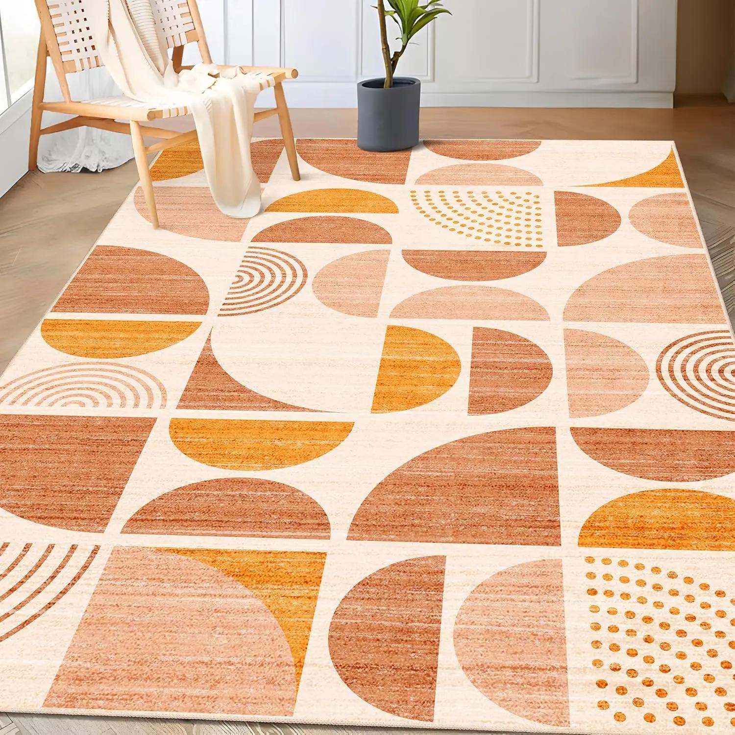 

Boho Orange Area Rug – Machine Washable Non-Slip Abstract Carpet for Bedroom Living Room Entryway, Soft Indoor Bedside Mat 60*90cm