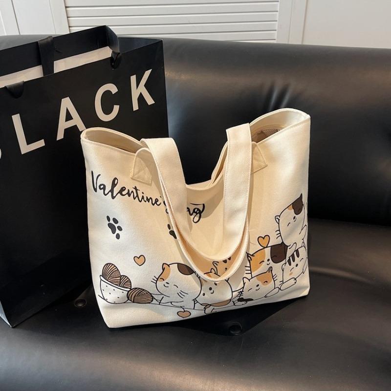 Large Capacity Cartoon Canvas Bag Girls' Student Wear Book Commuter Tote Bag Casual Simple Lightweight Shoulder Cloth Bag