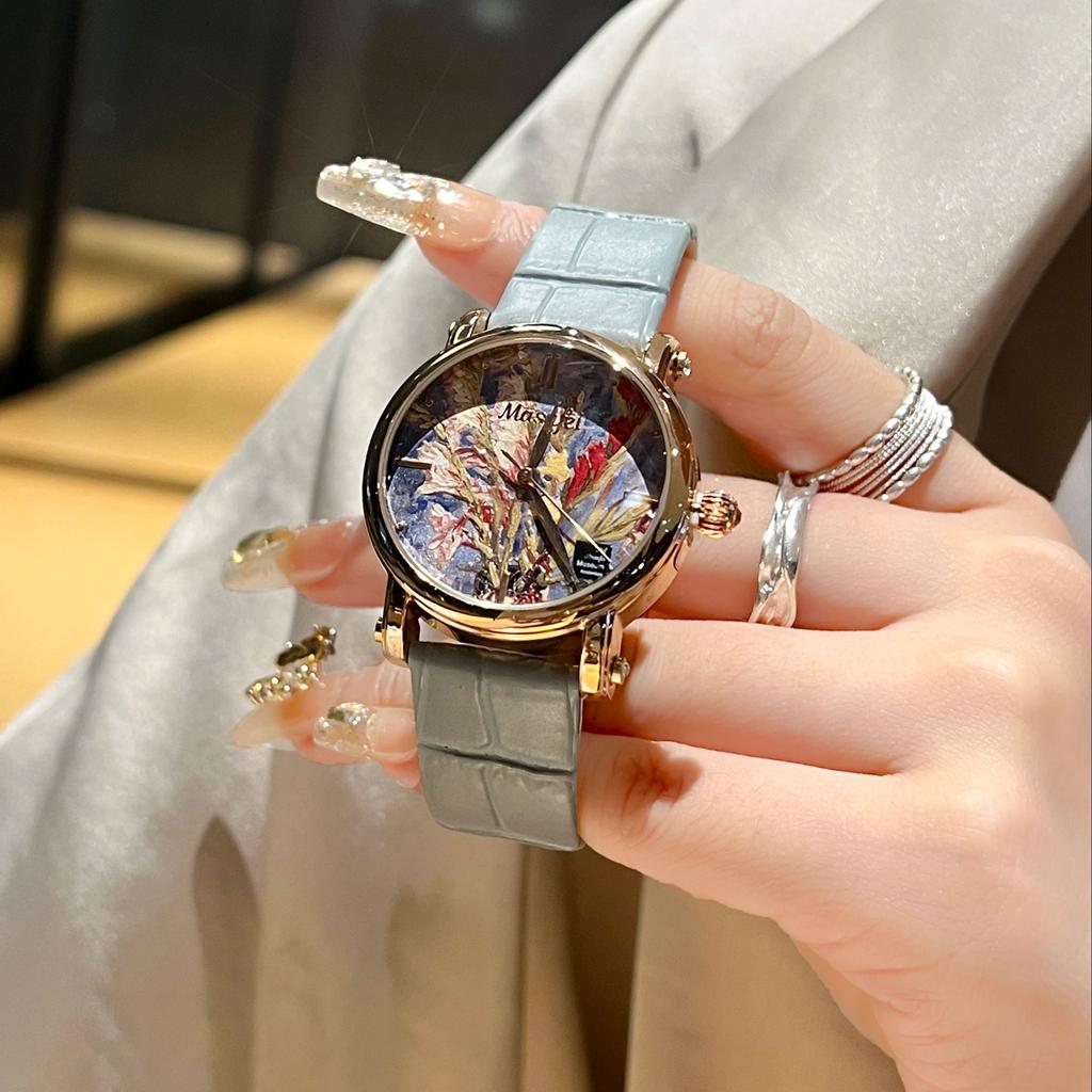 Colorful Flower Design Ladies Quartz Watch Plate Fashionable Women's Timepiece Accessory