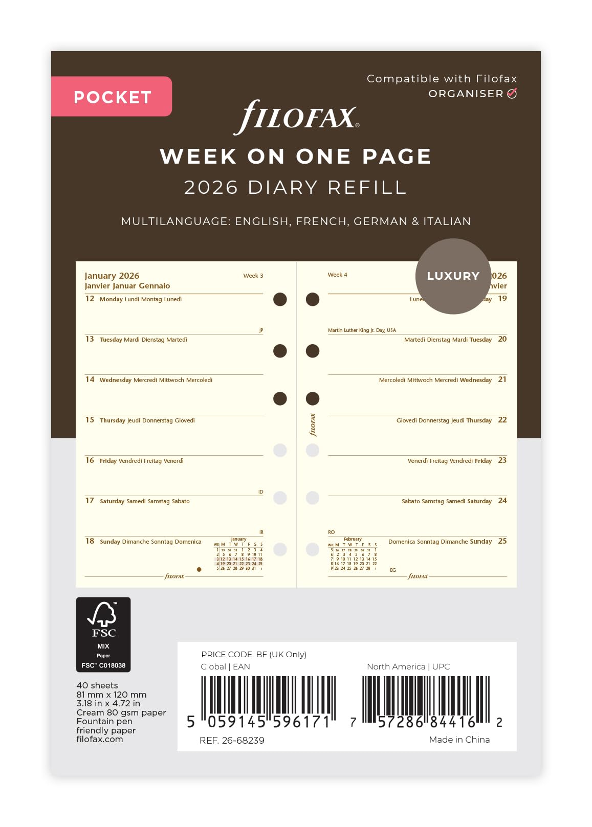 Сменный блок для органайзера Filofax, 2026, начало с января, малый недельный, кремовый, 26-68239, официально импортирован