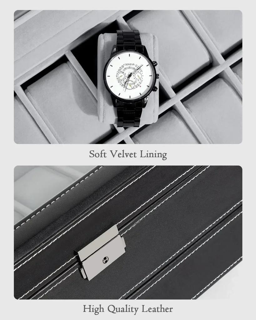 12 Slot PU Leather Lockable Watch Storage Boxes, Men & Women's Jewelry Display Drawer Case, 2-tier Organizer Watch Showcase