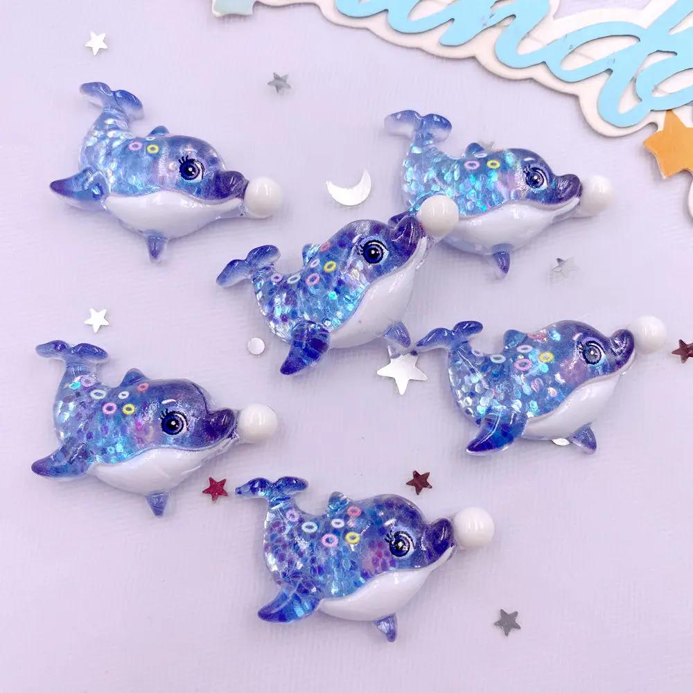 10pcs Glitter Colorful Resin Sea Star Crab Jellyfish Dolphin Ocean Animal Flatback Rhinestone Scrapbook DIY Figurine Decor Craft