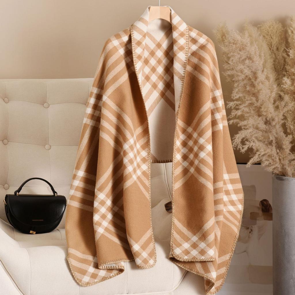 Black wool scarf women's winter luxury double-sided plaid pattern warm neck thickened imitation cashmere shawl