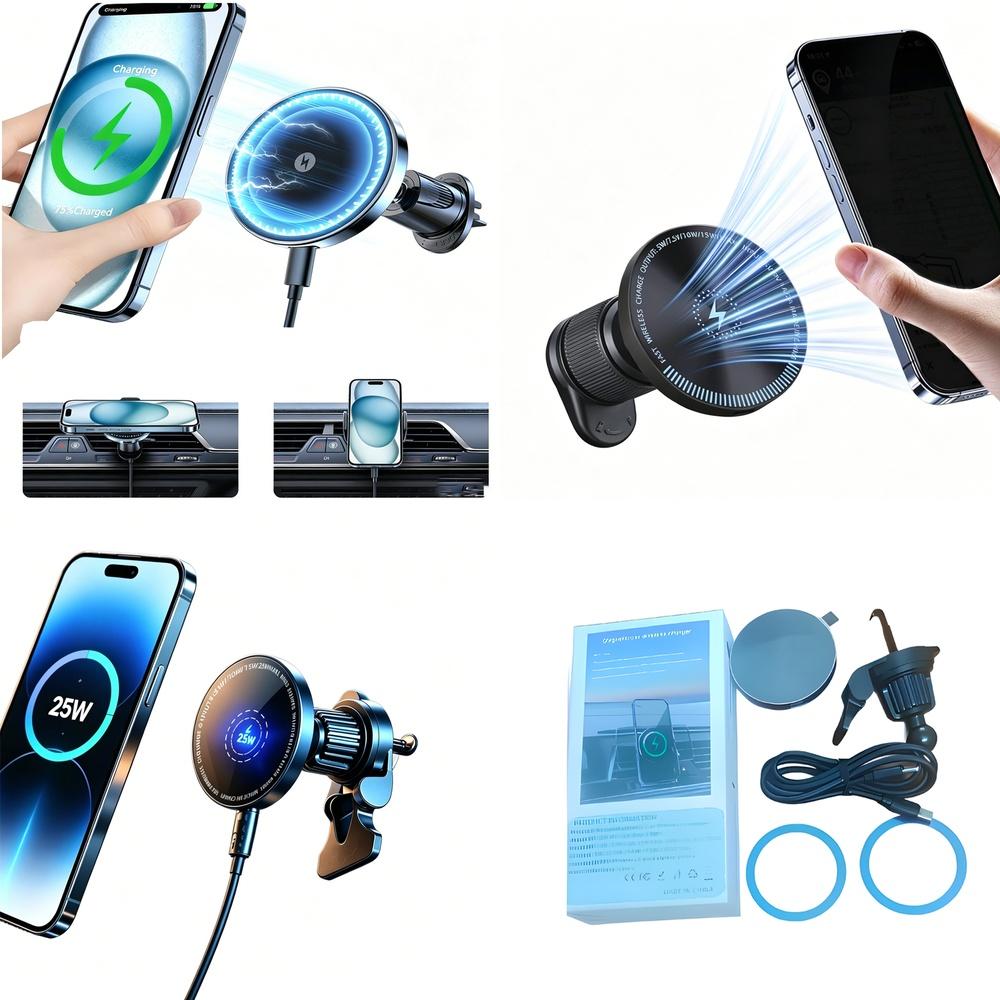 Versatile 15W 25W Wireless Magnetic Charger Strong Car Phone Mount Holder with Intelligent Fast Chip with Anti-Slip Metal Pad