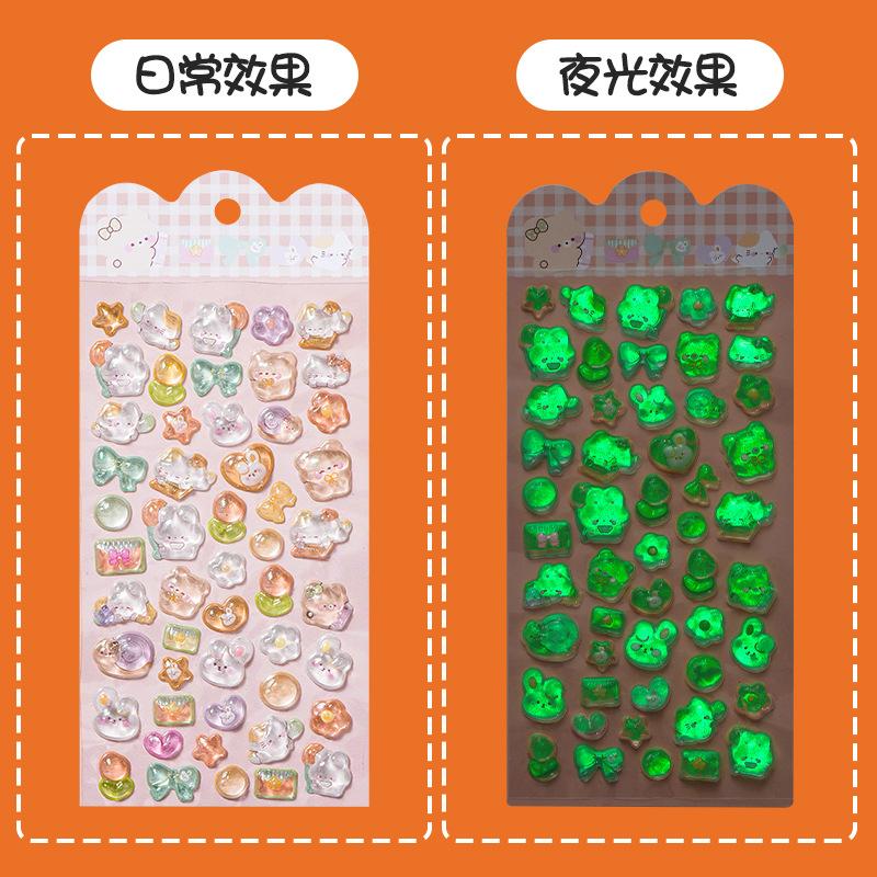 Glow In Dark 3D Embossed Sticker Cartoon Kids Decal for Phone Case Decor Crystal Diamond Japanese Style Assorted Color