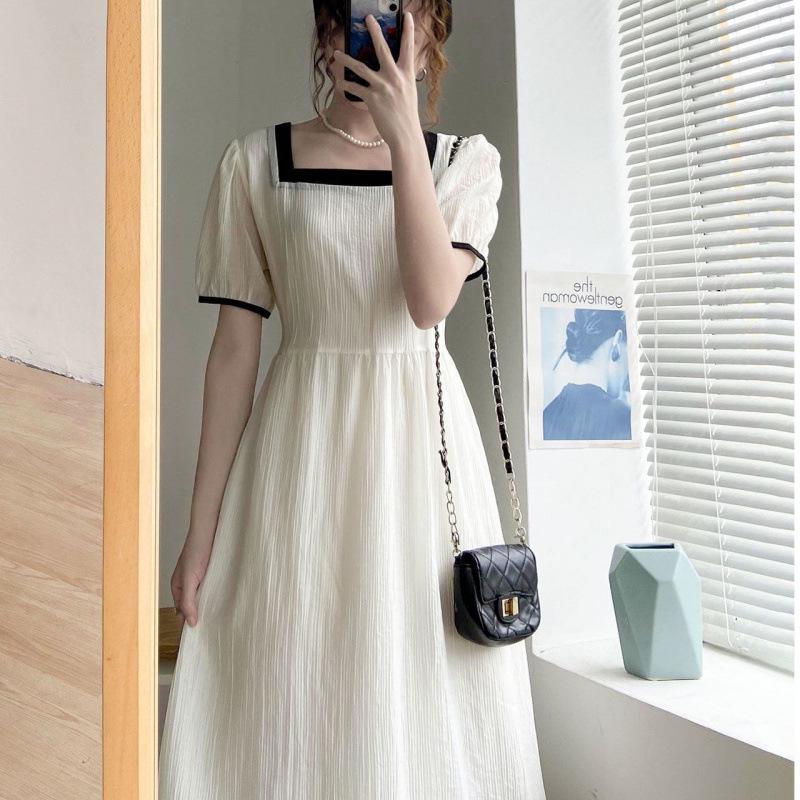 

Summer 2024 French Square Collar Fairy Dress: Elegant Lace-Up, Slimming Color Block Design for Women XL 115-129 jin