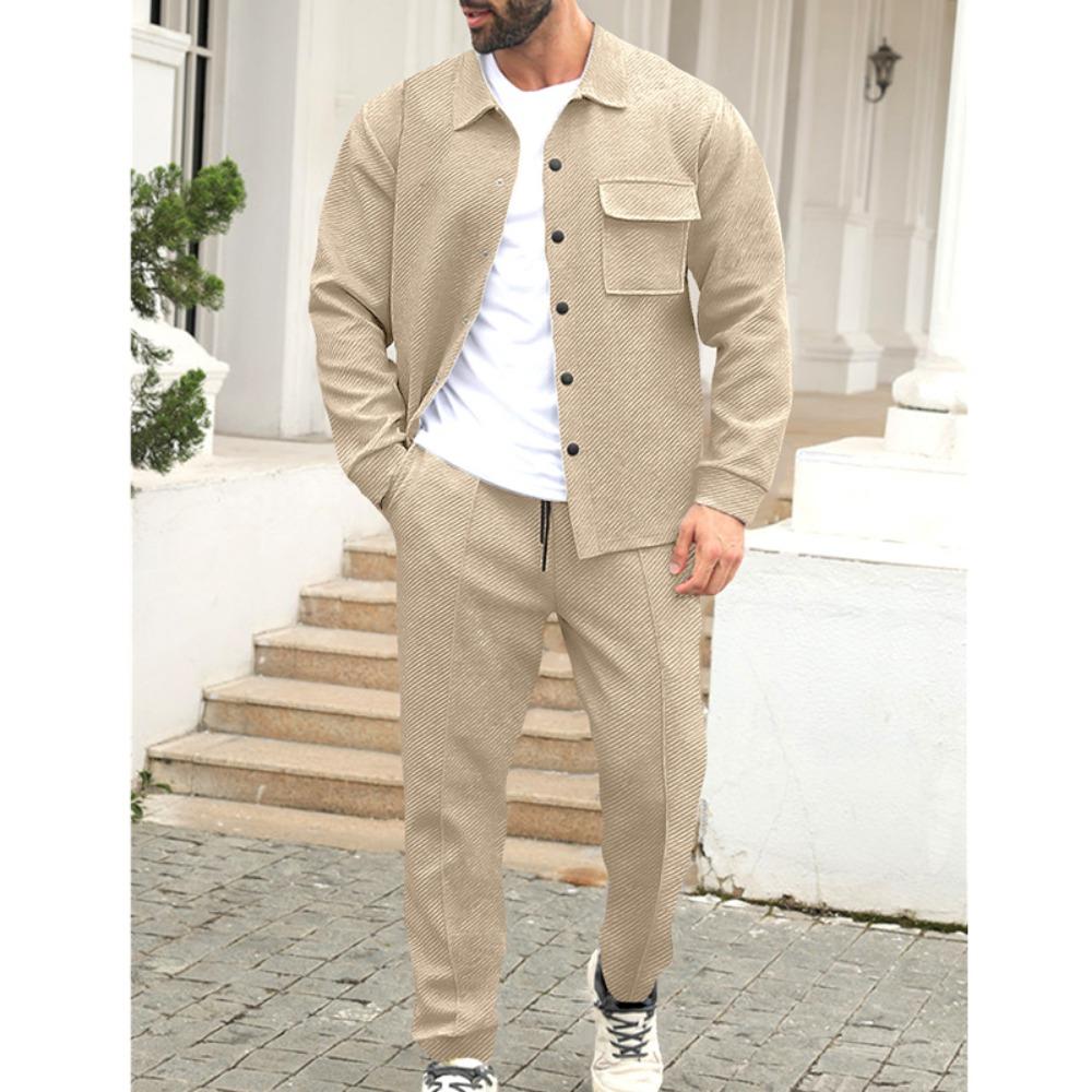 Men's Slim Fit Cardigan Jacket Single-breasted Pocket Long Sleeved Sportswear Elegant Two-Piece Set with Long Pants