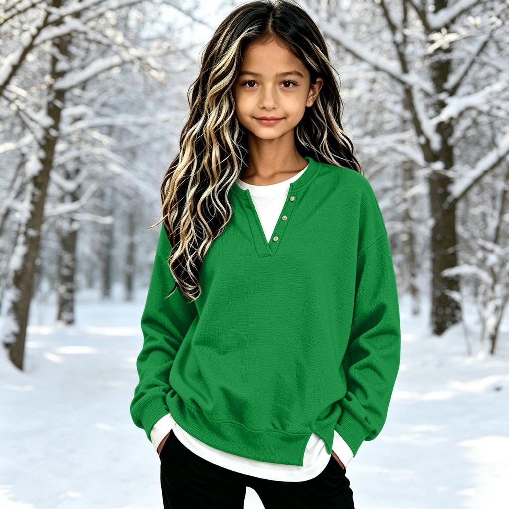 Big Girls V-Neck Pullover Top Casual Loose Fit Two-Piece Printed Blouse for School and Daily Wear