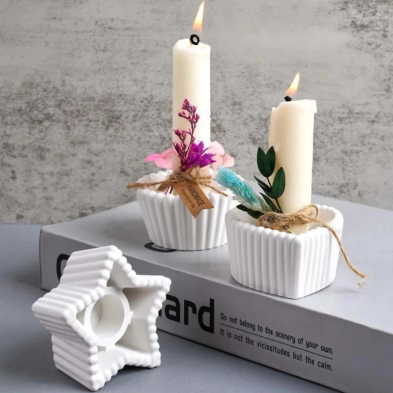 Top Quality DIY Concrete Stripe Silicone Candlestick Mold round Heart Star Shape Resin Craft Casting Molds for Home Decor Candle