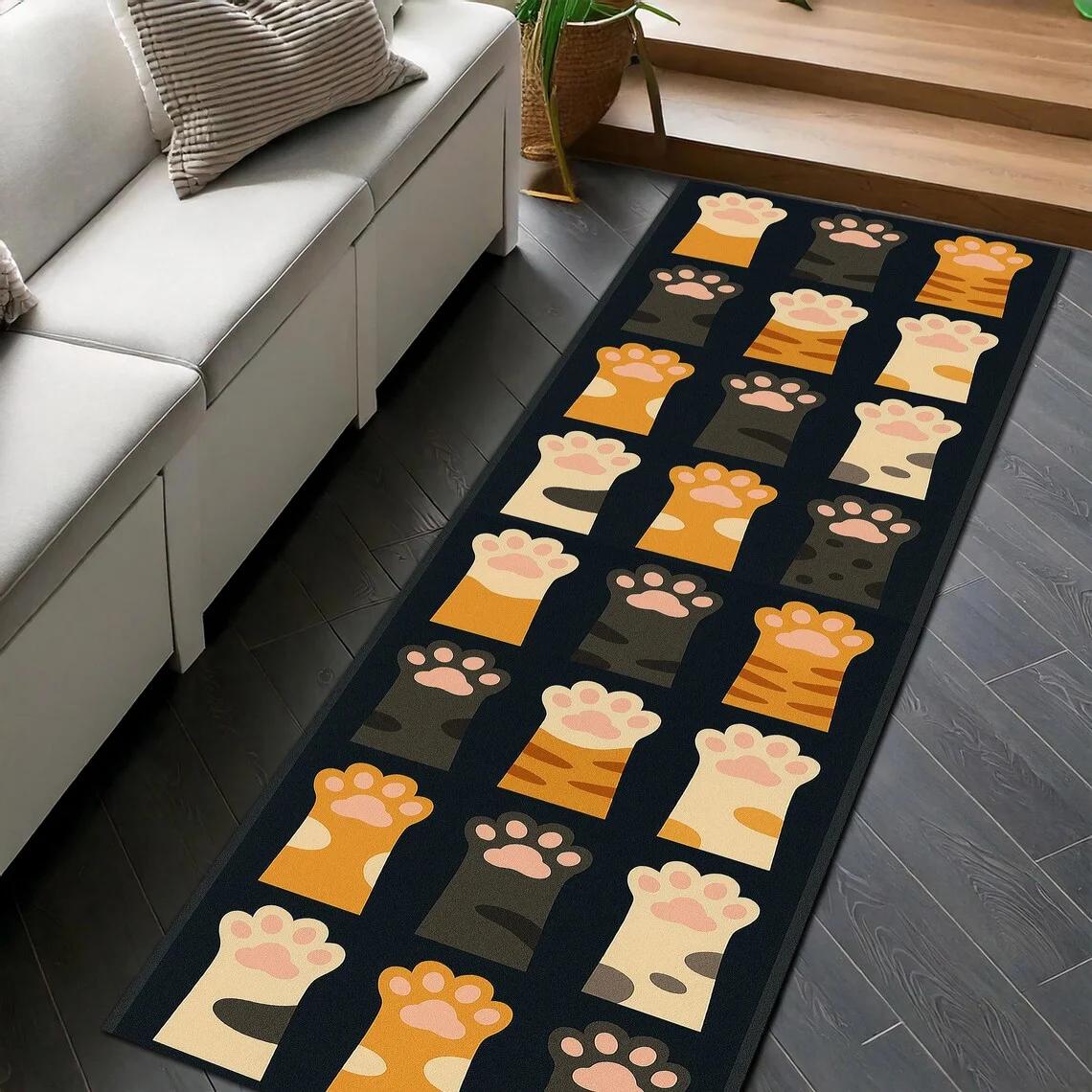 Cute Cat Paw Print Runner Rug Modern Non-Slip Washable Carpet for Pet Lovers Floor Mat for Hallway Kitchen Bedroom Living Room
