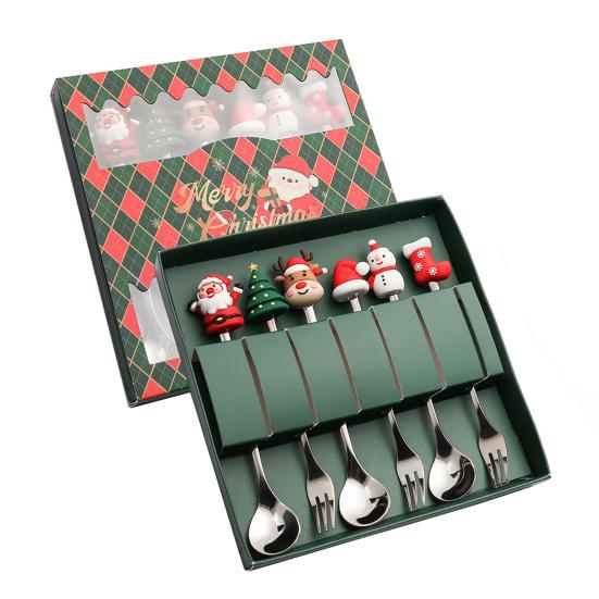 Christmas Spoon Cutlery Set Stainless Steel Xmas Dinner Forks Dessert Fruit Ice Cream Tea Cake Forks Doll Tableware Gift Box Christmas Party Supply