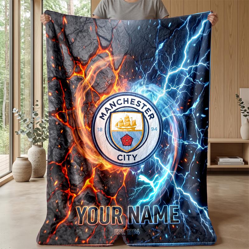 Custom Text Flannel Throw Blanket, Lightweight Cozy Bed Sofa BlanketManchester City