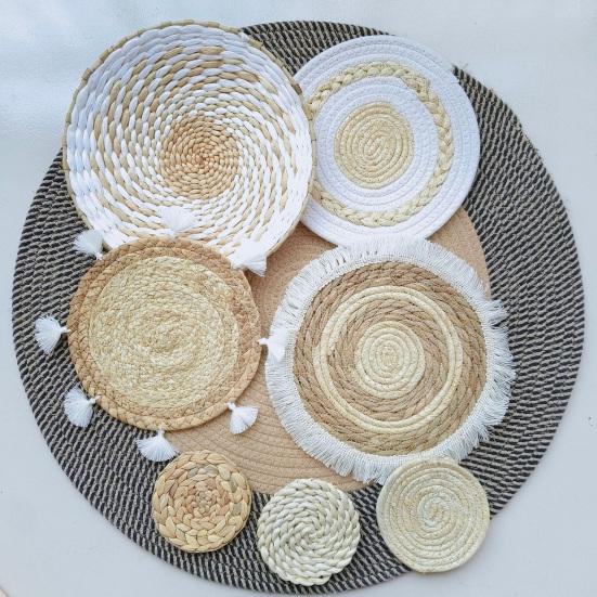 Yousheng 7/9Pcs/Set Boho Wall Basket Decoration Handmade Woven Round Flat Wall Hanging Decor Bohemian Decorative Rustic Rattan Seagrass Wicker Wall