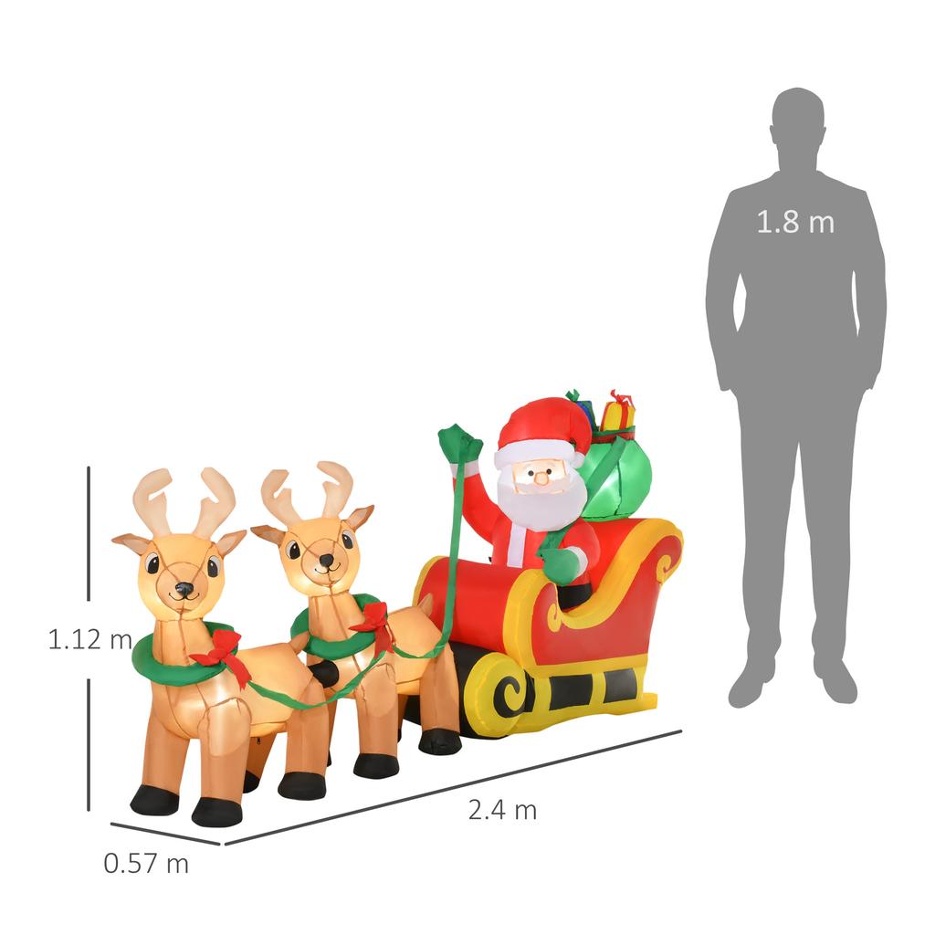 Inflatable Santa Claus with Sleigh and 2 Reindeer, Waterproof Polyester Fabric Christmas Decorations with LED Lights 240x57x112cm