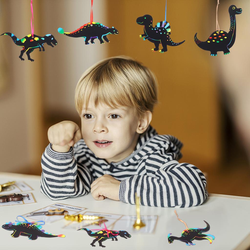 64 Pcs Dinosaur Theme Scratch Cards Rainbow Scratch Paper Dinosaur Crafts Art Card Dinosaur Scratch Card Art Kit Diy Art Craft