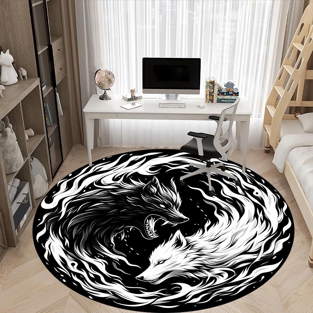1pc Wolf Yin Yang Chair Carpet for Office, Round Non-Slip Durable Large Size Office Carpet, Suitable for Office, Beautiful Decoration