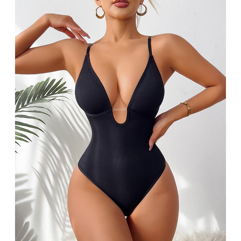 Women Sexy Deep V Neck Waist Shaping Open Crotch Thong One Piece Bodysuit