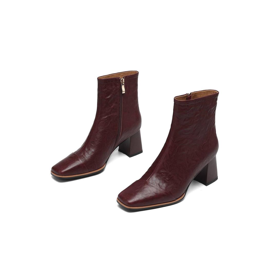 Krazing Pot Sheepskin Autumn Winter Shoes Thick High Heels Big Size 43 Modern Boots Square Toe Keep Warm Zip Pleated Design Ankle Boots