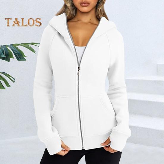Lady Hoodie Jacket Plush-lined Solid Color Zipper Closure with Pockets Elastic Cuffs And Hem Long Sleeves Cardigan Casual Daily Coat