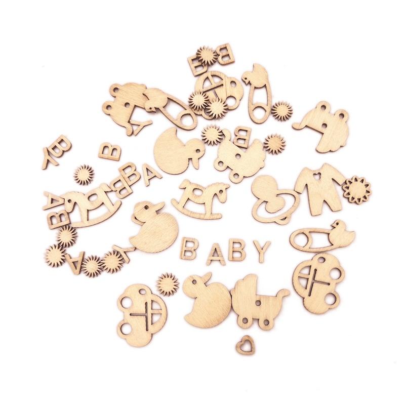 100Pcs Mini Laser Cuts Wood Shape Baby Pram Rocking Horse Pacifier for Home Party Decoration Craft Project