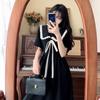 Plus Size Women's Summer Black Doll Collar Dress - French Academy Style with Lace-up Waist