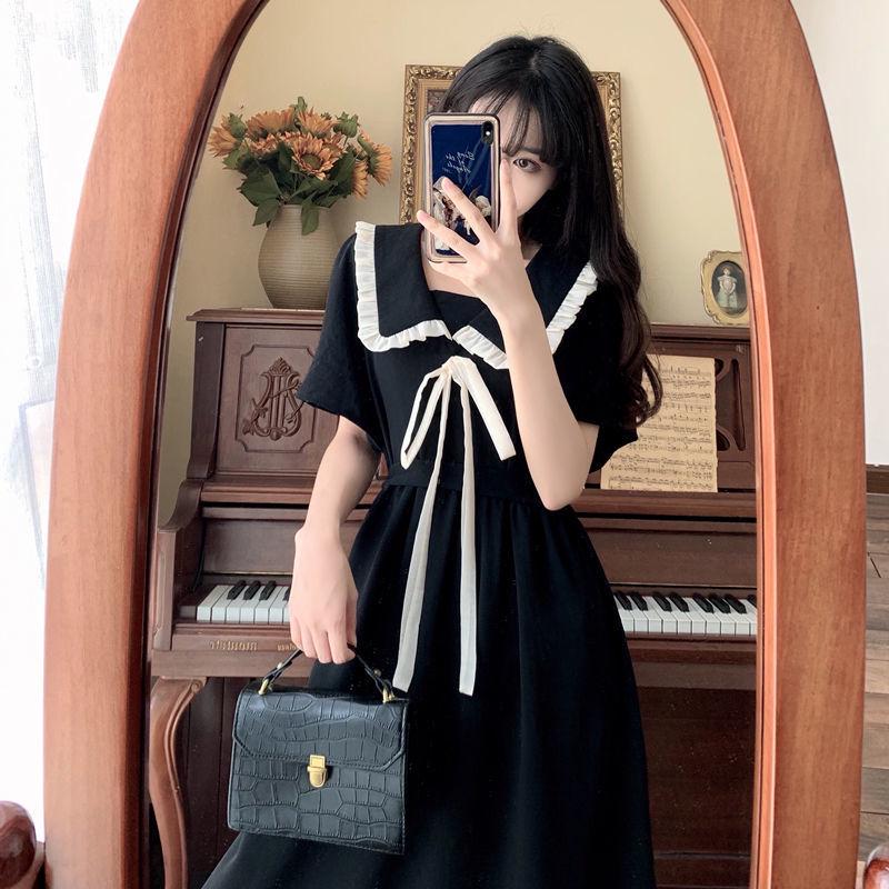 Plus Size Women's Summer Black Doll Collar Dress - French Academy Style with Lace-up Waist