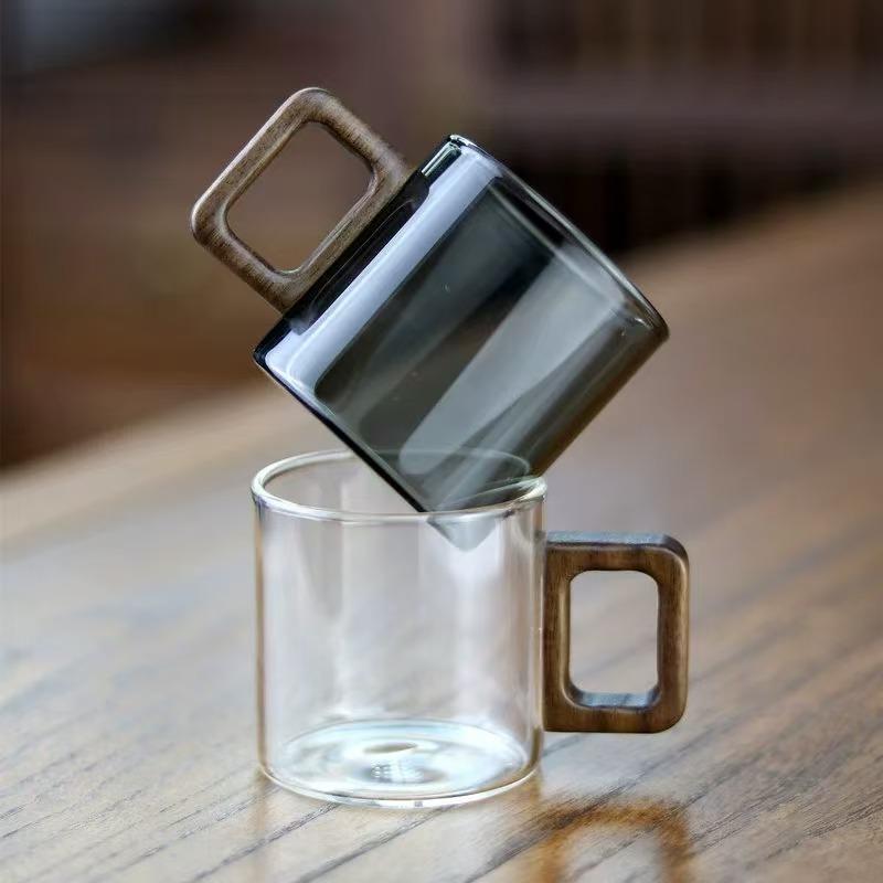 1 buc ceașcă de ceai din sticlă rezistentă la căldură cu mâner de nuc 120ml Mini Espresso Cup Set cafea măcinată cană pahare brewing ceaiuri