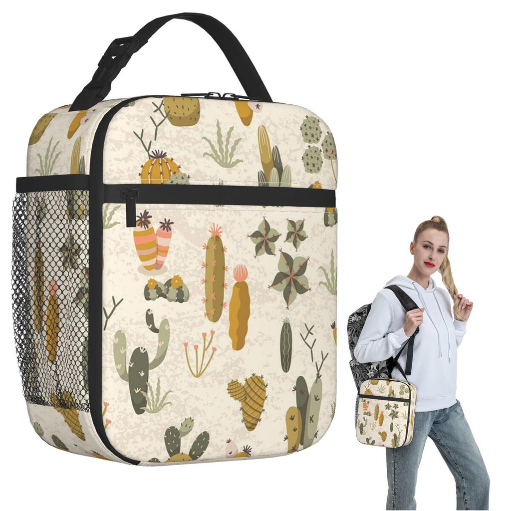 Cute Desert Cactus Columnar Pattern Insulated Lunch Bag for Women Kids Portable Food Boxes Thermal Lunch Box Tote