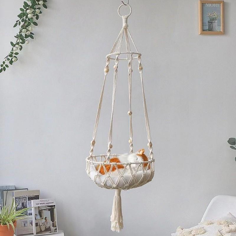 Handmade woven tassel Bohemian style pet cat hammock swing, with cotton padding, suitable for sleeping and playing.