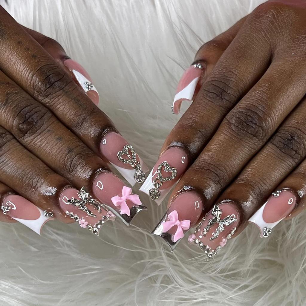 24Pcs Sweet Medium Square False Nails with Glue Blush Pink Flowers Fake Nails Full Cover French Acrylic Press On Nails for Girls