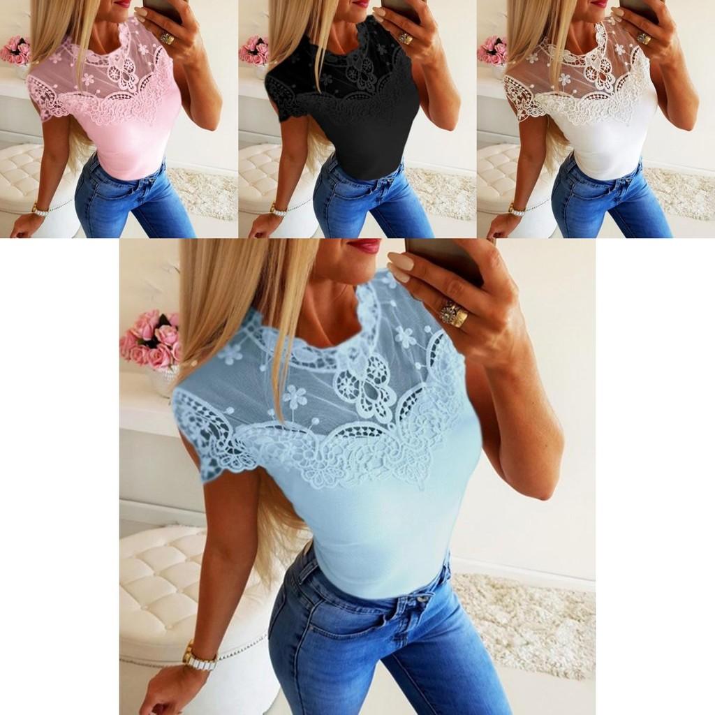 Beautiful Summer Women Short Sleeve Lace See-through Top With Elegant Frilled Design